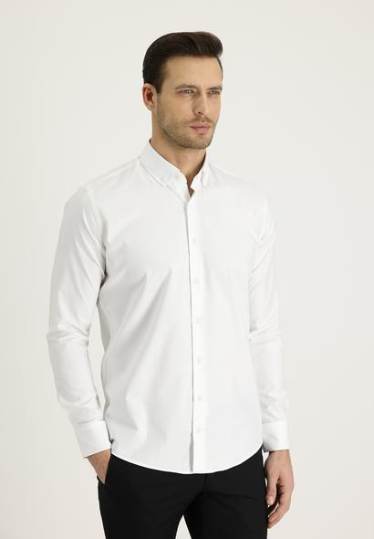 Erkek Giyim - BEYAZ M Beden Uzun Kol Slim Fit Dar Kesim Oxford Pamuk Gömlek