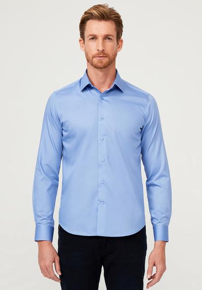 Erkek Giyim - AQUA MAVİSİ M Beden Uzun Kol Slim Fit Dar Kesim Non Iron Saten Klasik Pamuklu Gömlek