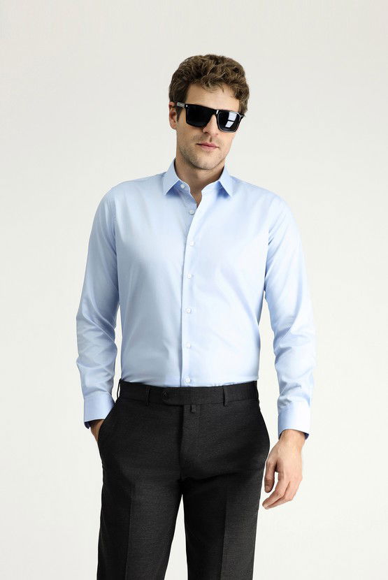 Erkek Giyim - Uzun Kol Slim Fit Dar Kesim Klasik Non Iron Saten Pamuklu Gömlek