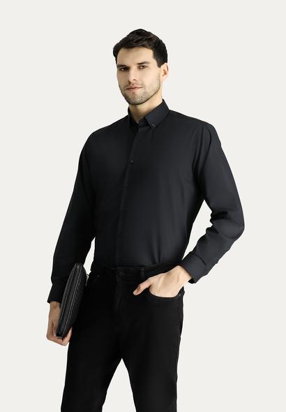 Erkek Giyim - SİYAH XXL Beden Uzun Kol Regular Fit Non Iron Ütü Gerektirmeyen Pamuklu Düğmeli Yaka Gömlek