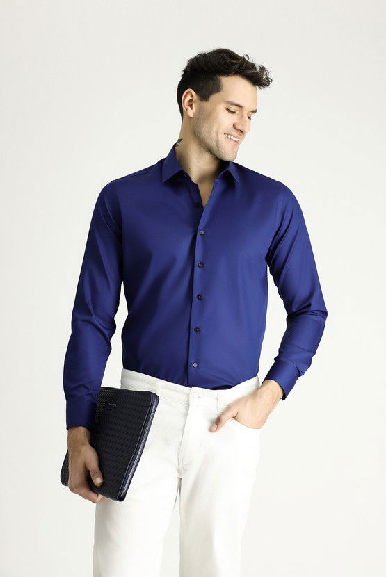 Erkek Giyim - Uzun Kol Slim Fit Dar Kesim Pamuklu Non Iron Saten Klasik Gömlek