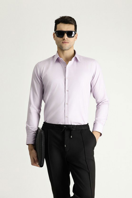 Erkek Giyim - Uzun Kol Slim Fit Dar Kesim Pamuklu Non Iron Saten Klasik Gömlek