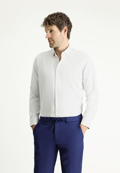 Erkek Giyim - AÇIK GRİ L Beden Uzun Kol Slim Fit Dar Kesim Çizgili Pamuklu Kolay Ütülenebilir Düğmeli Yaka Gömlek
