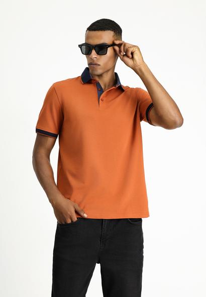 Erkek Giyim - KİREMİT 3X Beden Polo Yaka Regular Fit Desenli Pamuklu Tişört