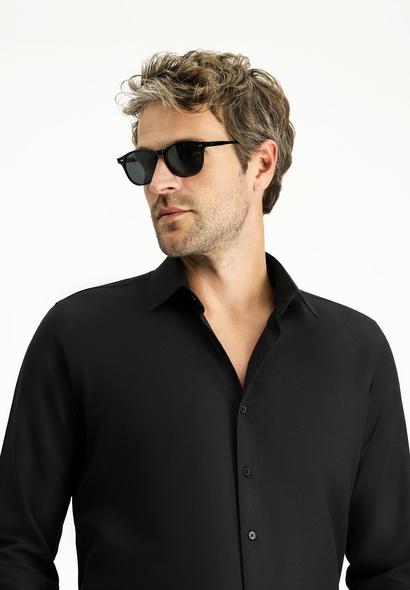 Erkek Giyim - SİYAH 3X Beden Uzun Kol Slim Fit Klasik Yaka Oxford Pamuklu Kolay Ütülenebilir Gömlek