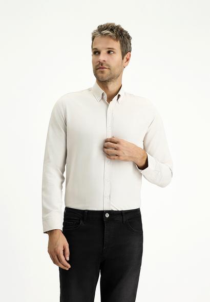 Erkek Giyim - ORTA BEJ 3X Beden Uzun Kol Slim Fit Düğmeli Yaka Oxford Pamuklu Kolay Ütülenebilir Gömlek