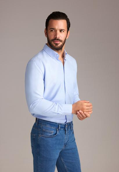 Erkek Giyim - AÇIK MAVİ 4X Beden Uzun Kol Slim Fit Düğmeli Yaka Oxford Pamuklu Kolay Ütülenebilir Gömlek