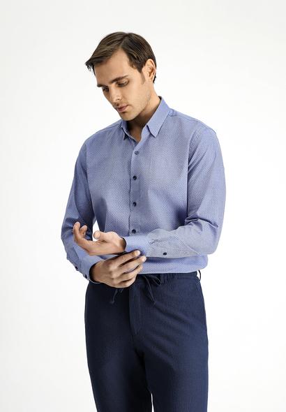 Erkek Giyim - KOYU MAVİ 3X Beden Uzun Kol Slim Fit Dar Kesim Klasik Desenli Pamuk Gömlek
