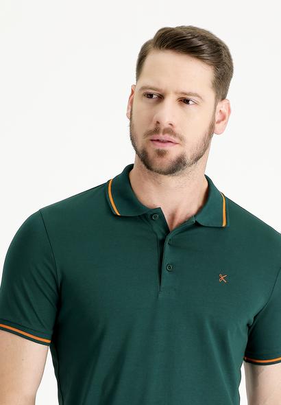 Erkek Giyim - KOYU YEŞİL XXL Beden Polo Yaka Slim Fit Dar Kesim Nakışlı Süprem Pamuklu Tişört