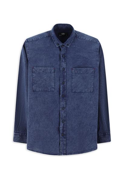 Erkek Giyim - İNDİGO M Beden Uzun Kol Regular Fit Desenli Pamuk Düğmeli Yaka Denim Görünümlü Gömlek